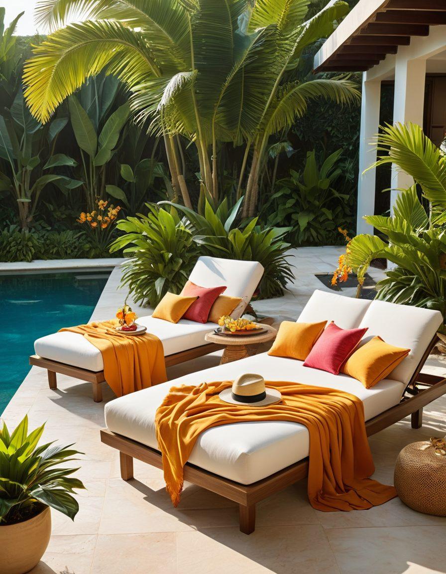 A serene poolside setting featuring a chic outdoor lounge, with stylish cover-ups draping elegantly over sun loungers. Beautiful tropical plants frame the scene, while bright and colorful accessories like hats, sunglasses, and bags are artistically arranged. The sun casts a warm glow, highlighting the vibrant fabrics and textures, evoking a luxurious vacation vibe. summer, fashion, luxury, vibrant colors, super-realistic.